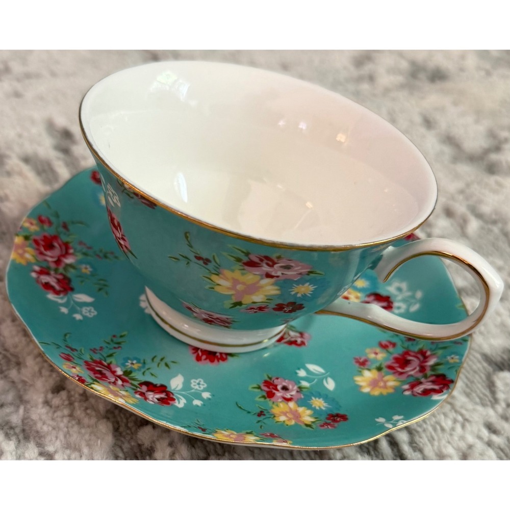 Gracie China Turquoise Floral Chintz Tea Cup and Saucer Set Gold Trim Porcelain
